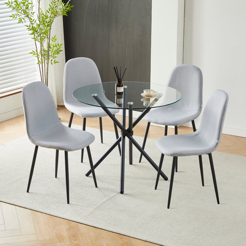 Table de salle à manger ronde en verre 35,4 po et 4 chaises rembourrées pour la cuisine, la salle à manger et le salon, Gris
