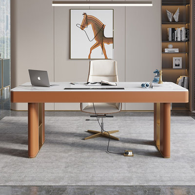 White + Orange + Gold Rectangular Sintered Stone + Manufactured Wood + Stainless Steel with 2 drawers desk