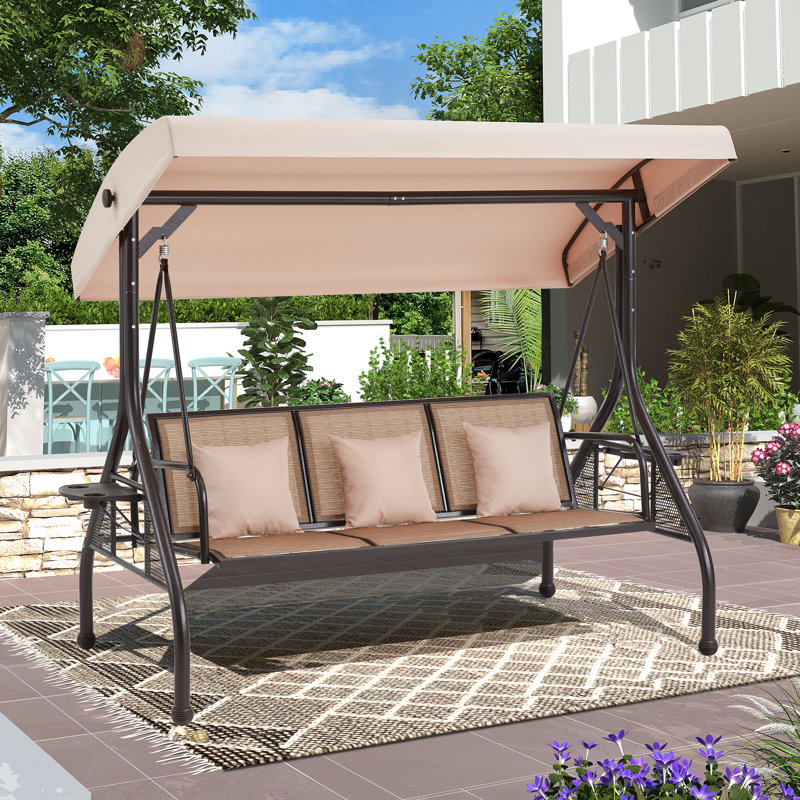 Brown 3-Person Patio Swing with Adjustable Canopy and Cup Holders