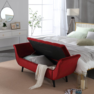 Red Velvet Upholstered Storage Bench with Arms, Hinged Lid End of Bed Bench