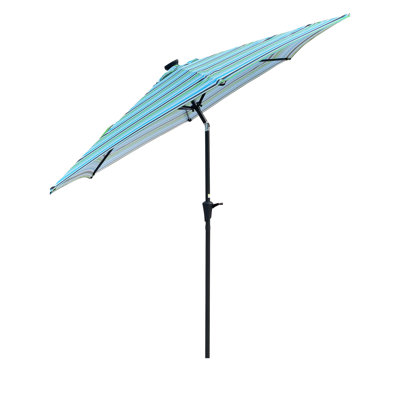 Parasol rayé bleu 9 pi avec lumières à DEL solaires, mât en acier de 1,49 po, 6 nervures, système à manivelle, inclinaison à bouton-poussoir, angle de 45 degrés, protection Upf 40+ pour les bandes de patio rondes extérieures, évent, élévateur, Upf,