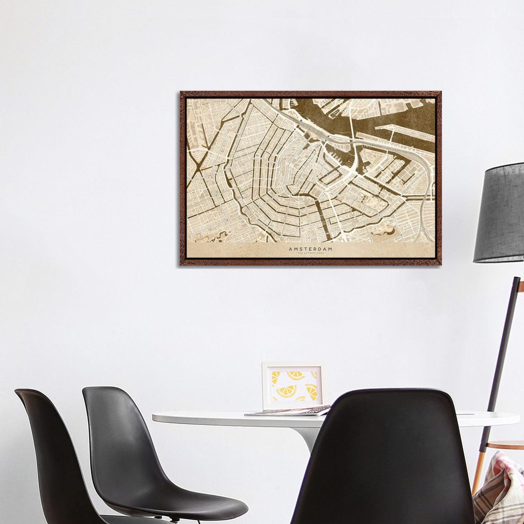 Sepia Vintage Map Of Amsterdam von Blursbyai - Galerie-verpackte Leinwand Giclée