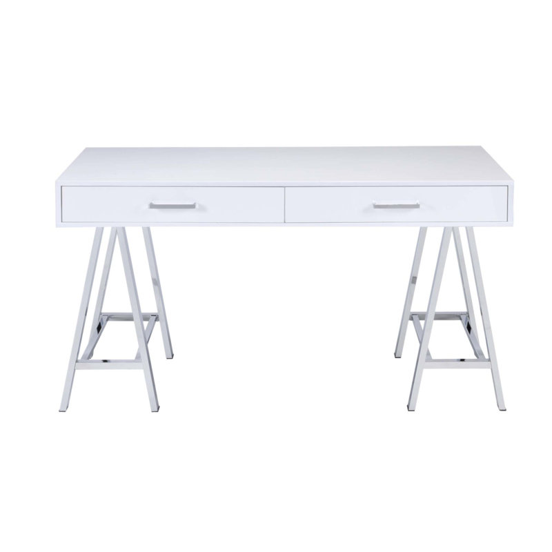 Bureau d'écriture Coleen en chrome ultrabrillant avec charge USB, beaucoup de rangement et base en métal durable pour les espaces de travail modernes