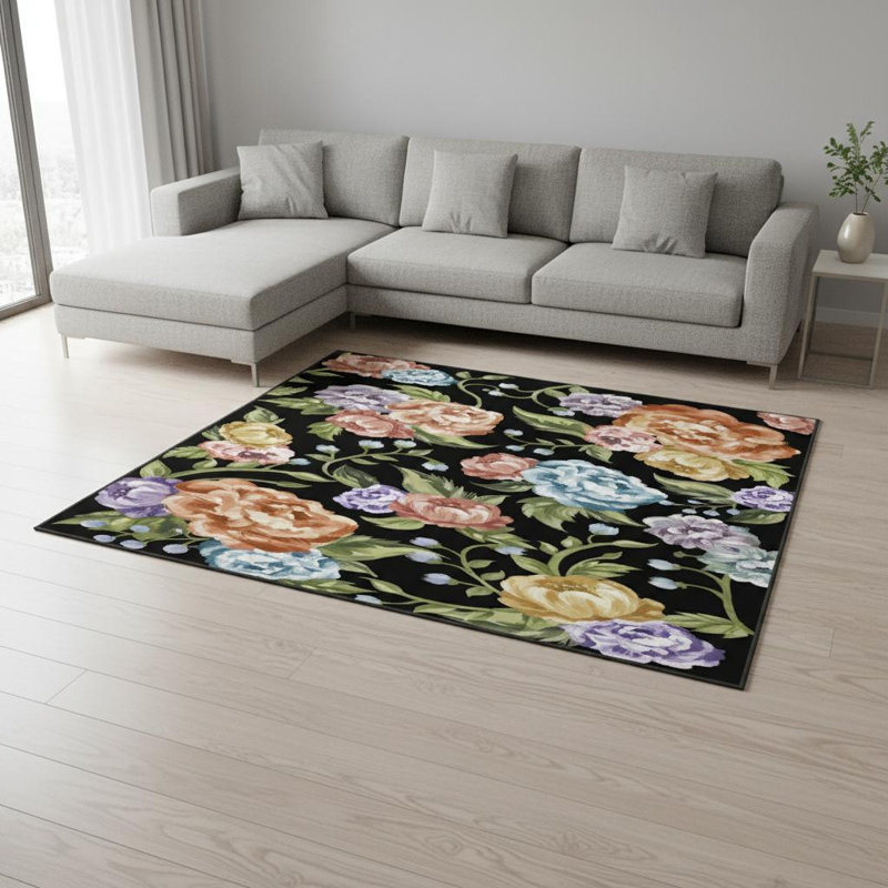 Tapis lavable floral noir, vert et orange 9 pi x 12 pi