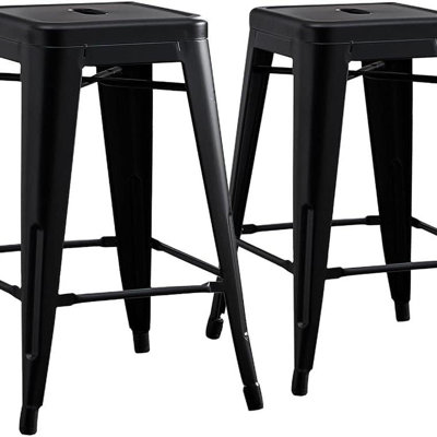 Backless Modern Light Weight Industrial Contemporary Rustic Vintage Costal Metal Bar Stools Without Back And 4 Leg Design (Set Of 2) (24" Seat, Distressed Black)