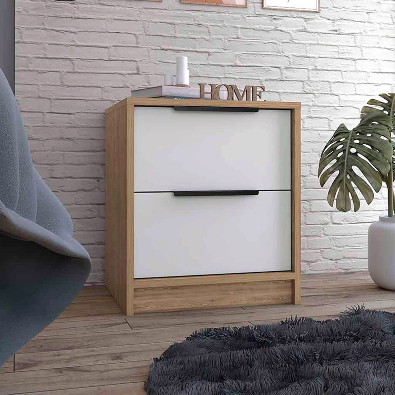 Table de chevet, deux tiroirs, poignée en métal, finition blanc / pin