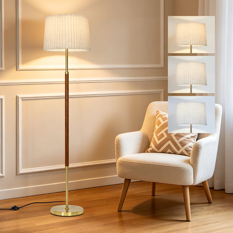 Lampe sur pied moderne en bois 65 po avec deux abat-jour en tissu et accents laiton 65 po