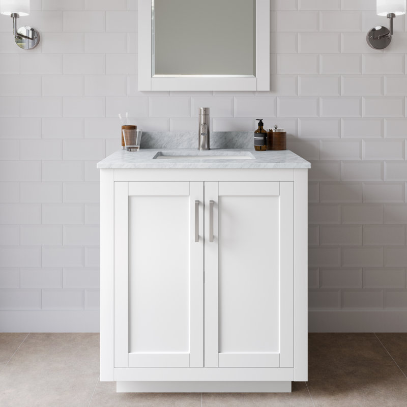 Miranda 30" Freestanding Single Bathroom Vanity with Marble Top, Brushed Nickel, White