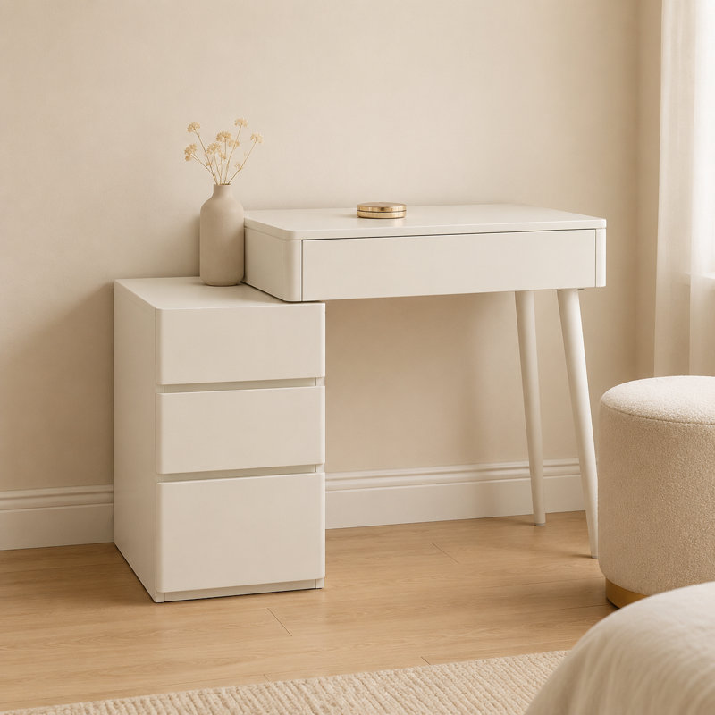 White Makeup Vanity Set with Stool, 100% Solid Liriodendron Chinense Dressing Table with Storage Drawers, No Mirror