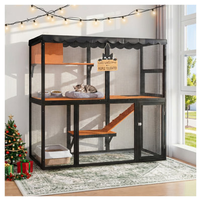 Grand enclos extérieur pour chat en bois avec couvercle imperméable - 4 niveaux pour chat avec rampe