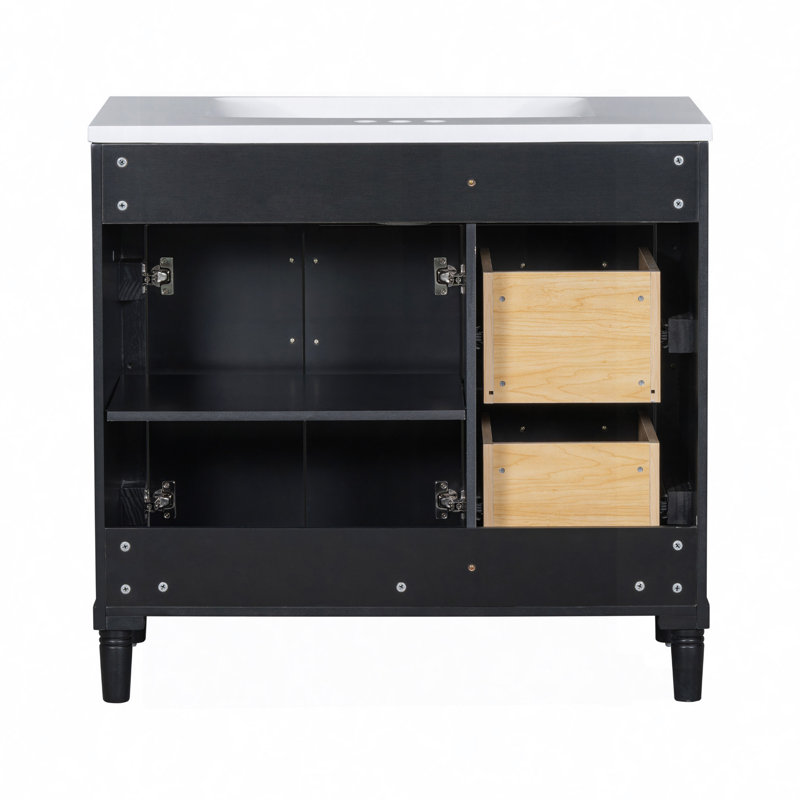 Meuble-lavabo de salle de bain avec lavabo en résine supérieur, armoire de rangement autoportante avec 2 tiroirs et un tiroir basculant, ensemble de meuble-lavabo avec cadre en bois massif, tablette à hauteur réglable
