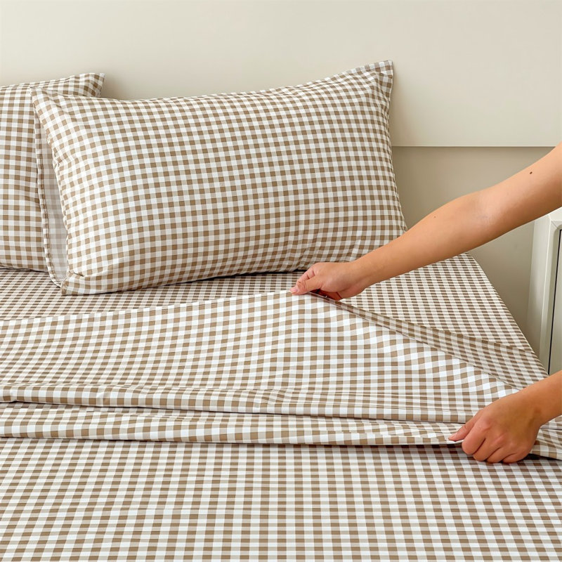 Gingham Sheet Set, Pre-Washed Microfiber Ultra-Soft Plaid Grid Sheets, Queen Sheet Set + 2 Pillowcases, Tan Gingham