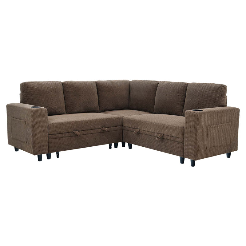 Canapé-lit d'angle convertible en forme de L avec rangement dissimulé, Tissu café