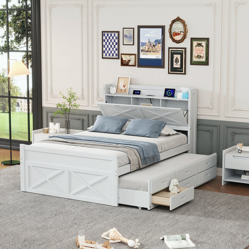 Wood Platform Bed With Trundle And Storage, Full, White