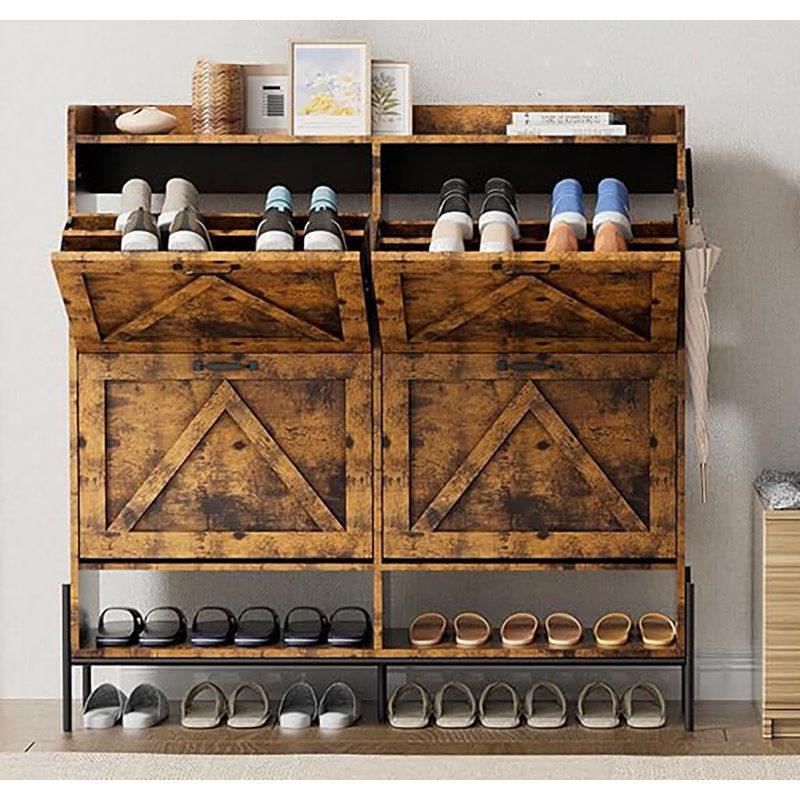 Freestanding Shoe Cabinet With 4 Flip Drawers, Brown Wood