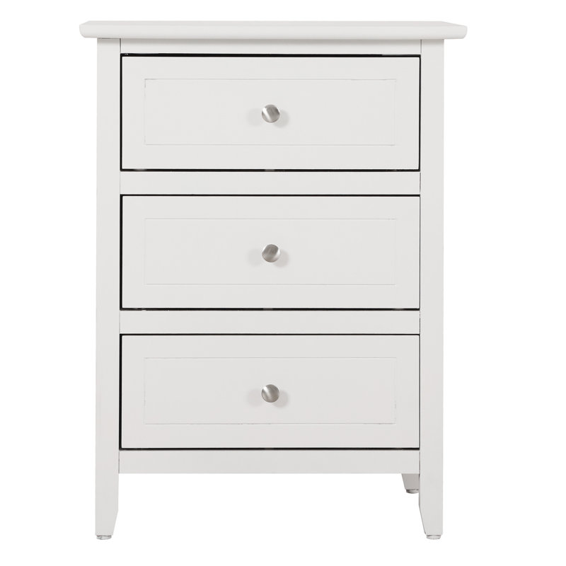 Table de chevet transitionnelle blanche pour une chambre à coucher élégante - H 25 po x l 19 po x l 15 po x P 3 tiroirs, surface lisse pour les petits tiroirs d'organisation
