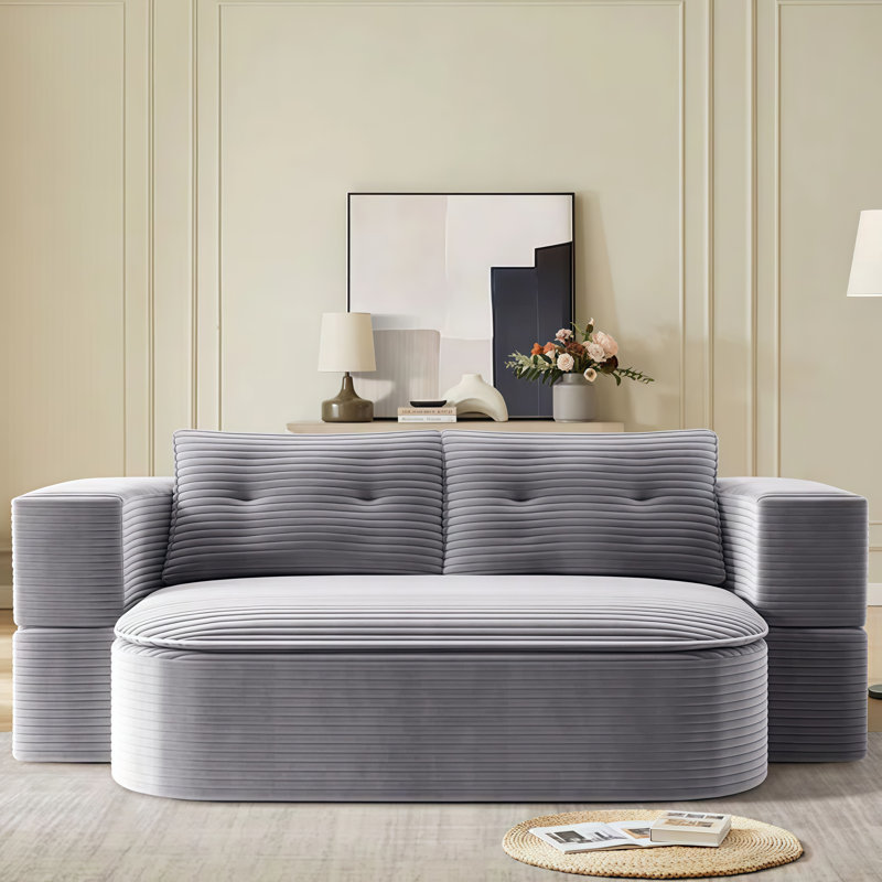 Boneless 78.7" Compression Modern 2-in-1 Foldable Sofa with Functional Blanket and 2 Soft Pillows, Light Gray