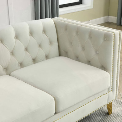{Contact us for 3D modeling} Velvet Sofa for Living Room,Buttons Tufted Square Arm Couch, Modern Couch Upholstered Button and Metal Legs, Sofa Couch for Bedroom, Beige Velvet ,2PCS