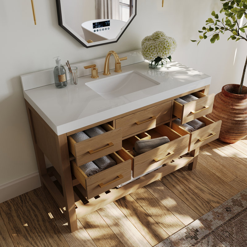 Elizabeth 48'' W Single Vanity, Oak/Rose Gold, Pure White Quartz