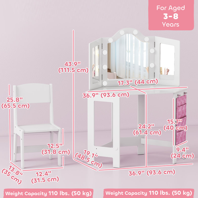 Ensemble de coiffeuse et de chaises pour enfants avec lumières et miroir pliable blanc