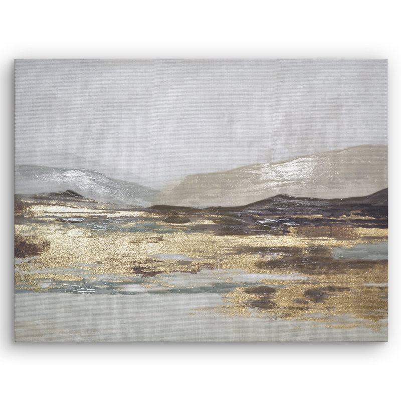 Art mural 30 x 40 sur toile avec des tons de beige, de brun, de bleu et de blanc avec des accents peints à la main et une feuille d'or - papier peint - art mural paysage