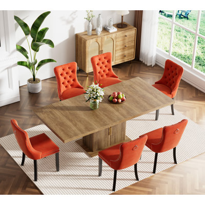 62.99" -78.74" Extendable Dining Table Set, Brown Dining Room Table with Storage & Velvet Dining Chairs with Wood Leg, Rustic Kitchen Dining Table and Chairs Set, Modern Dining Table Set