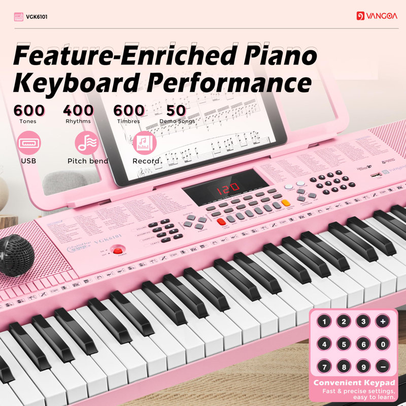 Piano Keyboard For Beginner,61 Keys Electric Keyboard Piano Portable Music Keyboard With Lighted Up Keys For Kids Teens, Back To School Piano With Stand Pedal Microphone USB