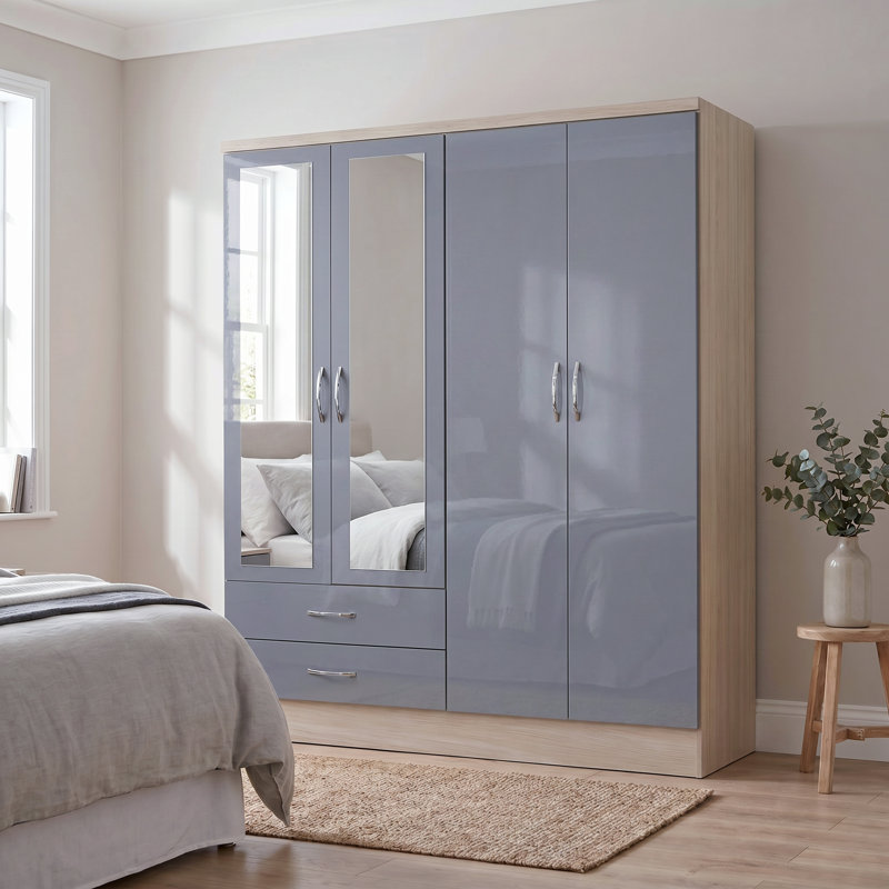Cascio 4 Door Wardrobe, Grey Gloss/Light Oak Effect Veneer