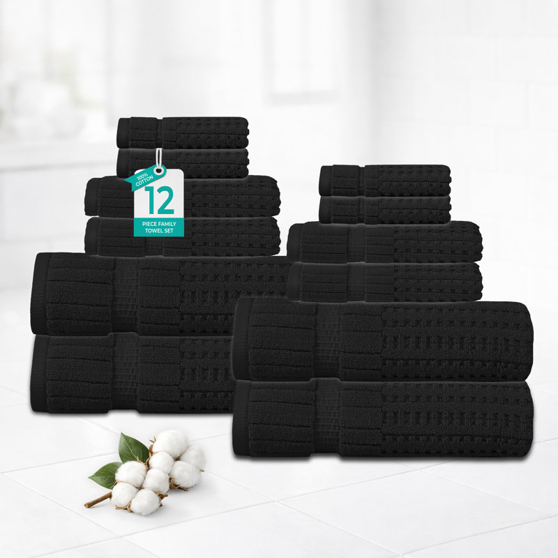 Ensemble de serviettes 12 pièces Willow - 100% coton peigné, qualité supérieure 630 g / m², noir, ultra-doux et très absorbant (ensemble de 4 serviettes de bain, 4 essuie-mains, 4 serviettes)