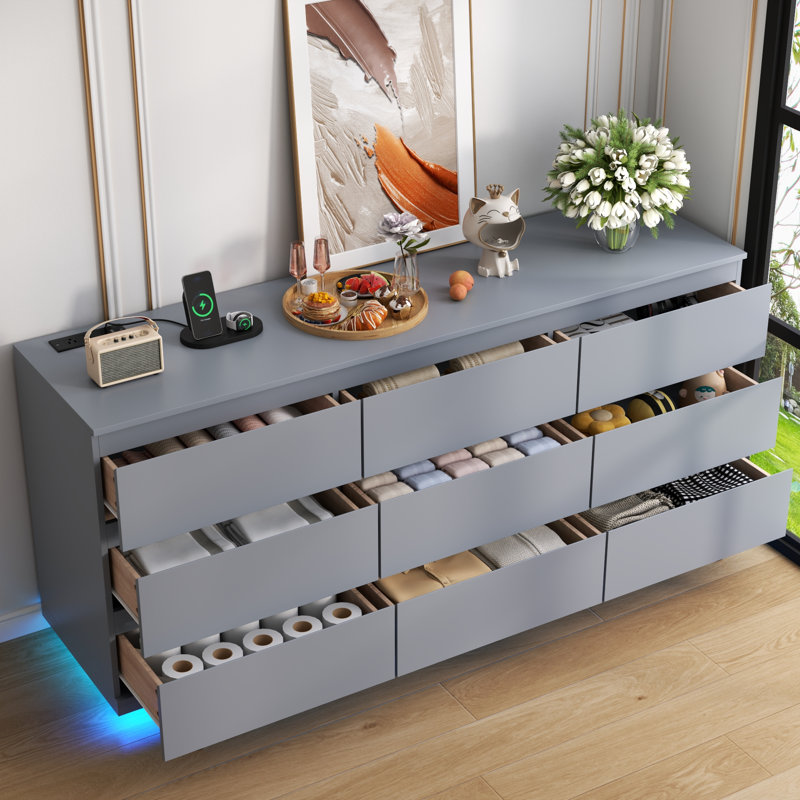 Commode triple flottante à 9 tiroirs de 63 po de largeur, Gray