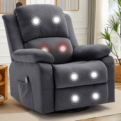 Recliner Chair,Recliner With Heat And Massage, Upholstered Soft Fabric Recliners, 360°Swivel Rocker Recliner For Adults With Side Pockets