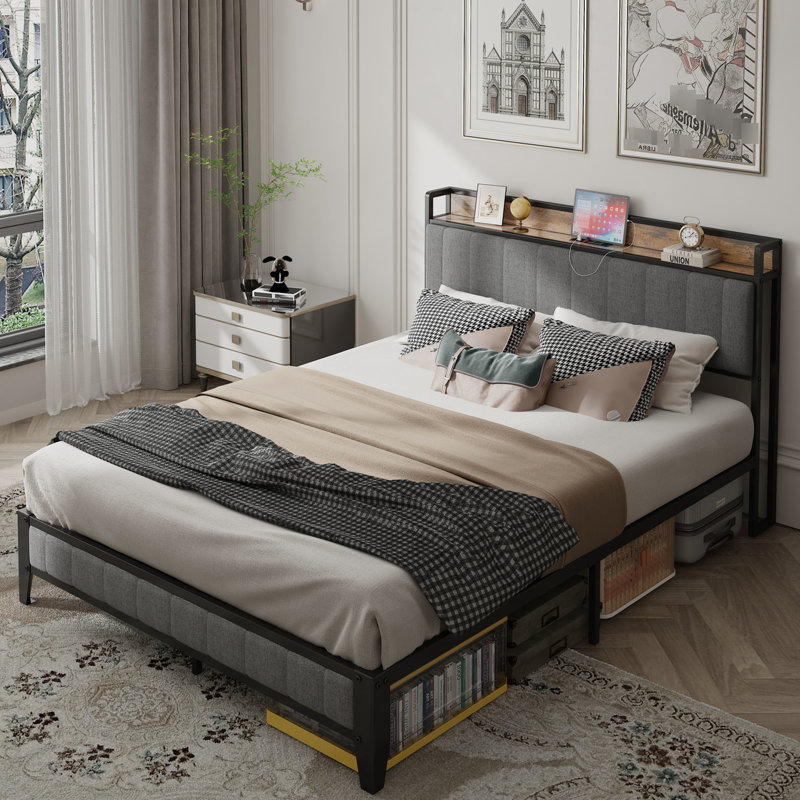 Metal Bed Frame - Upholstered Headboard With Charging Functionality Dark Platform & Function, Full, Dark Gray