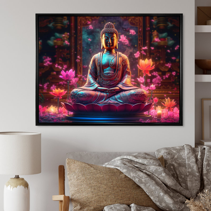Starlight Buddha I - Décoration murale paysage religieux, H 16 po x l 32 po x P 1 po, Cadre flottant noir