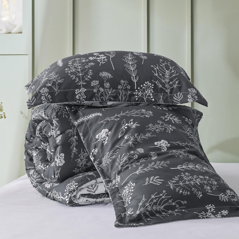 Ensemble d'édredon floral 3 pièces, Gris foncé à fleurs, Édredon grand et 2 taies décoratives