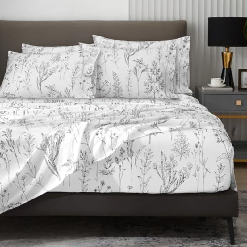 Ensemble de draps pour très grand lit 6 pièces, feuilles à motif floral blanc et noir, White Abstract
