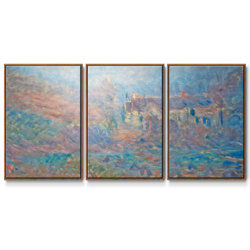 Maisons à Falaise dans le brouillard, 1885, reproduction sur toile 3 pièces, H 24 po x l 48 po x P 2 po, Noyer