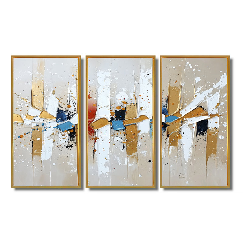 Urban transitionnel doré et blanc - ensemble d'art mural cubisme abstrait, Reproduction avec cadre flottant, Doré