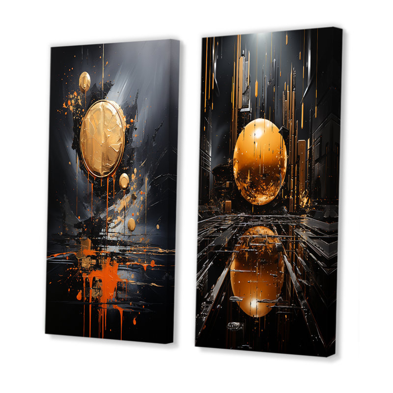«Black and Gold Spiral Graffiti I», ensemble de 2 reproductions d'art abstrait, Toile tendue, H 28 po x l 25 po
