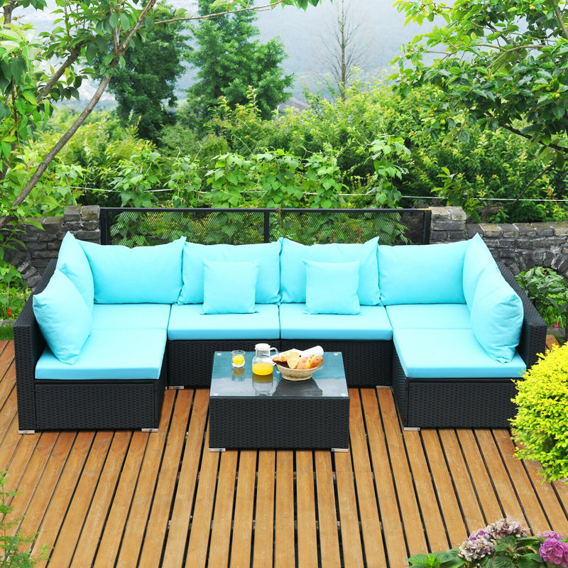 6 - Person Patio Conversation Set with Cushions, Blue