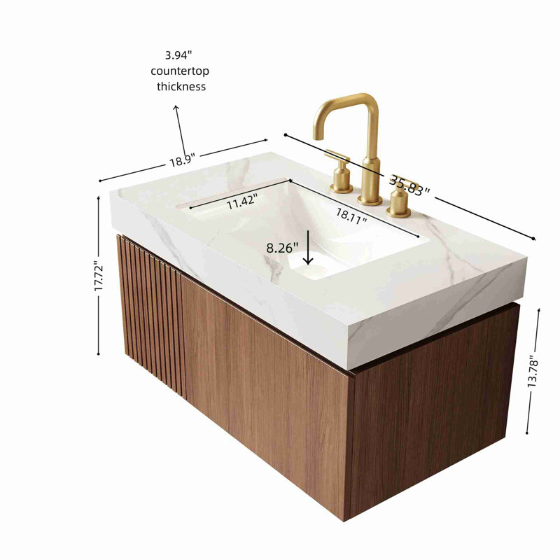 Meuble-lavabo mural, Blanc de Carrare, Chêne brun, 36"