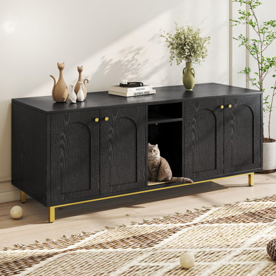 55.1" Black Wood Grain Double Cat Litter Box Enclosure With Gold Legs