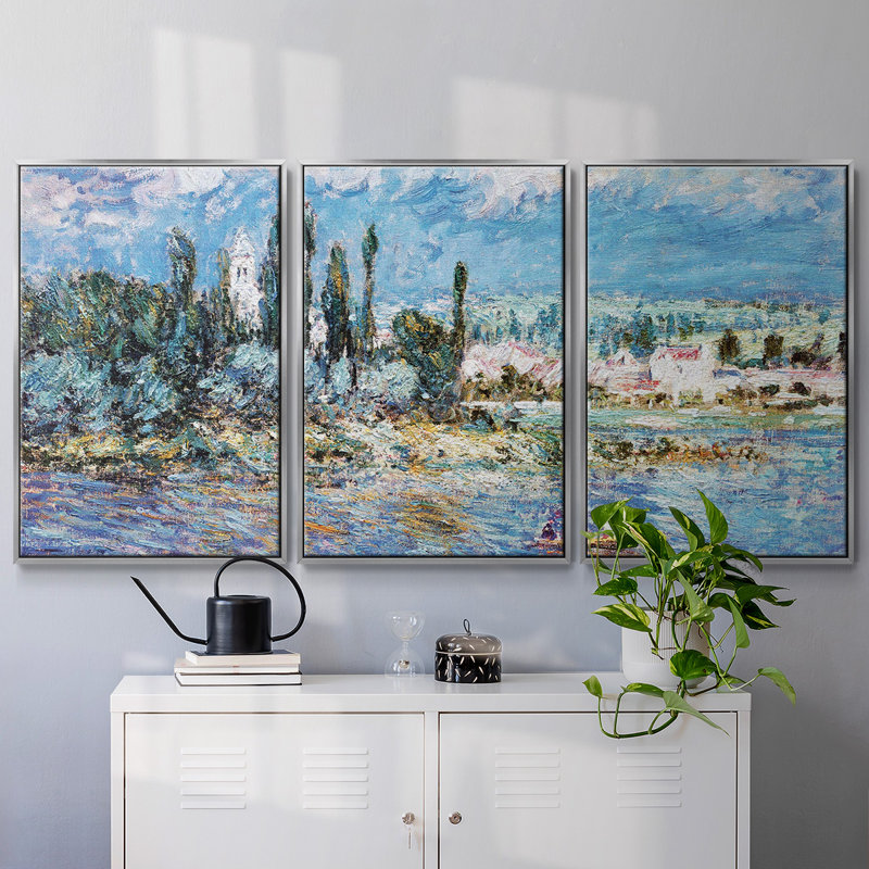 Paysage avec orage, ensemble de 3 toiles encadrées, H 36 po x l 75 po x P 2 po, Encadrement argenté