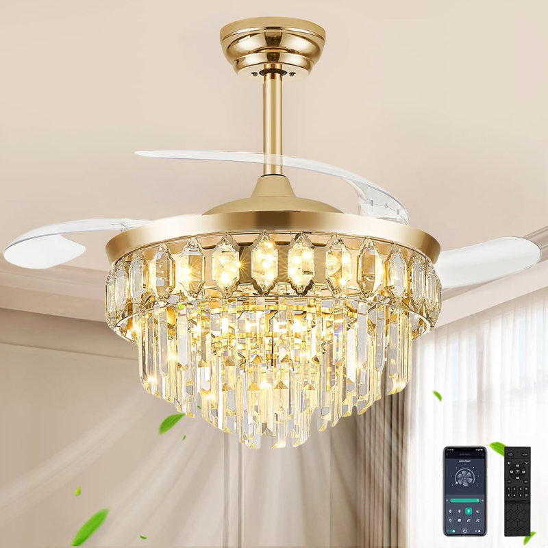 42'' Fandelier Ceiling Fan With Light, Chandelier Fan Retractable Ceiling Fan For Bedroom, Living Room, LED Dimmable, 3 Color, 6 Wind Speed-Gold