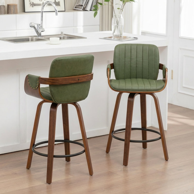 Youngstown Upholstered Swivel Counter Stool With Wood Frame, Green