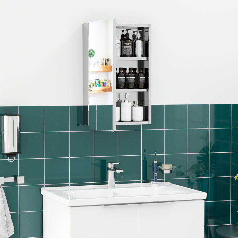 Armoire à miroir argentée - 15 po x 24 po, pour salle de bain, salon et salle de lavage, porte à charnières avec tablettes 15,03 po, 23,19 po et rangement de salle de bain