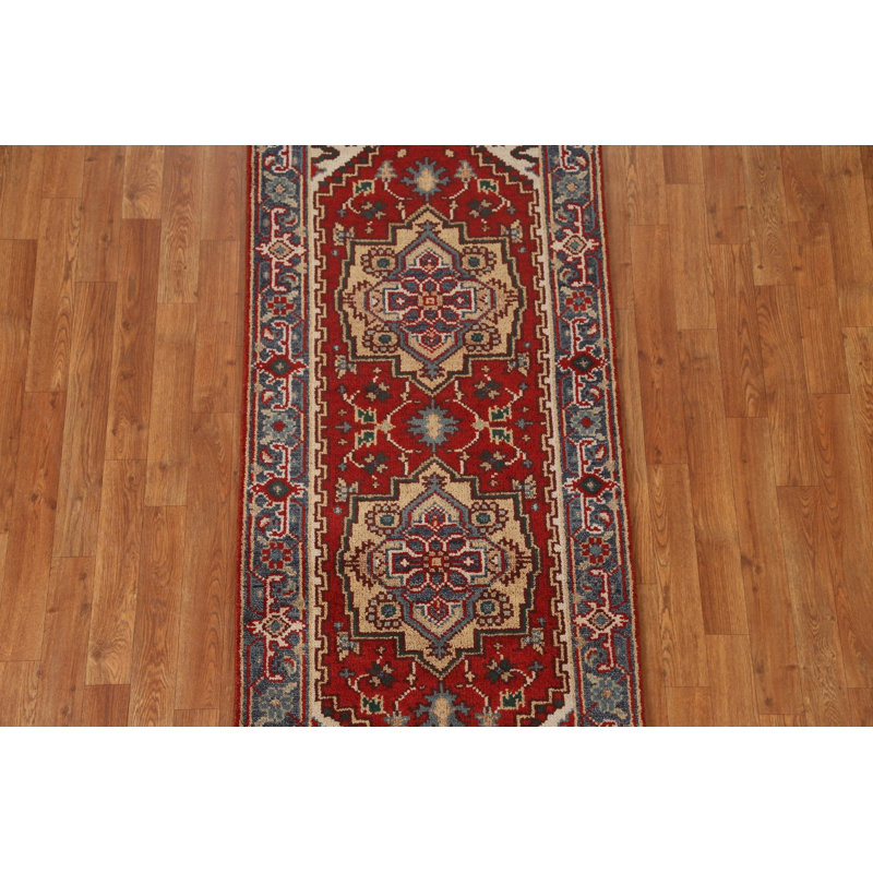 Tapis rouge Heriz Serapi à motif géométrique rouge noué à la main 3 x 6