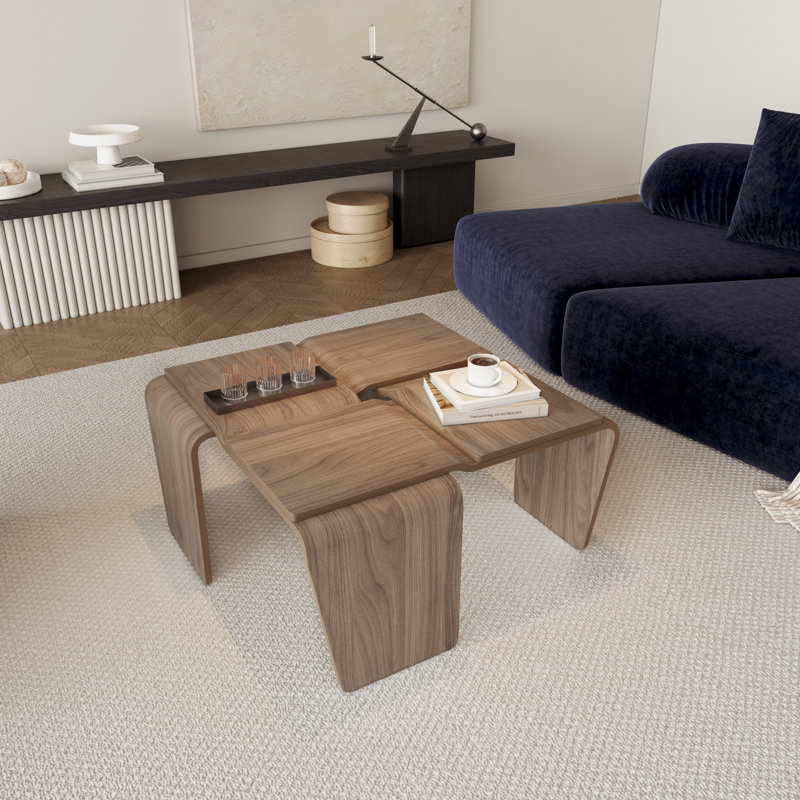  Modern Walnut Square Modular Curved Solid Wood Coffee Table,Side Table,Easy Assembly