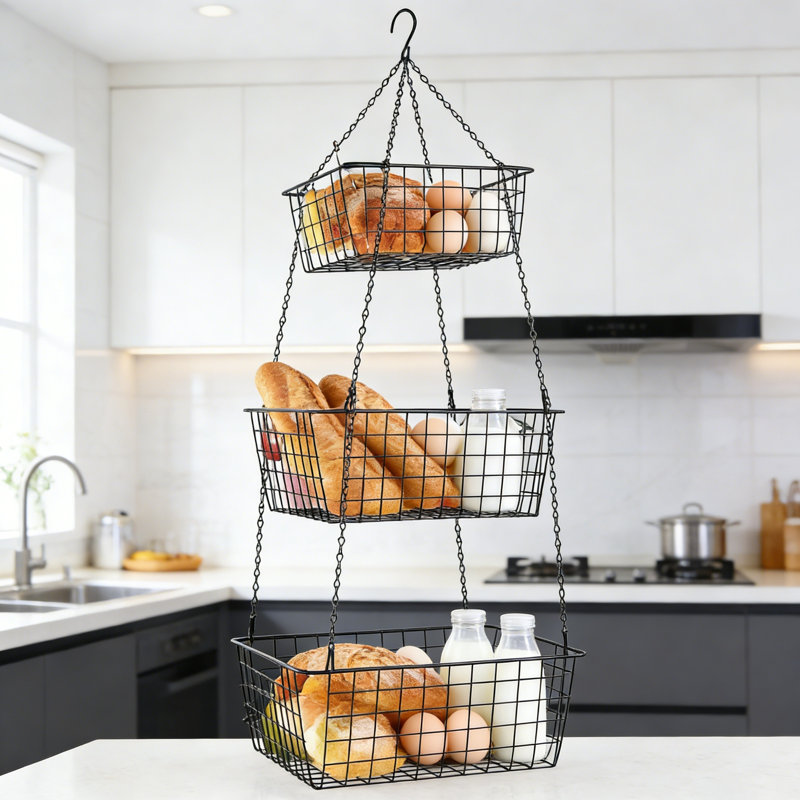 3 Tier Hanging Fruit Basket Organizer, Heavy Duty Square Wire Storage With Ceiling Hooks For Kitchen, Countertop, Pantry Vegetable And Produce East
