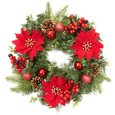 Couronne de Noël 16 pouces pour porte d'entrée, couronne de Noël avec boules, fleurs artificielles, baies