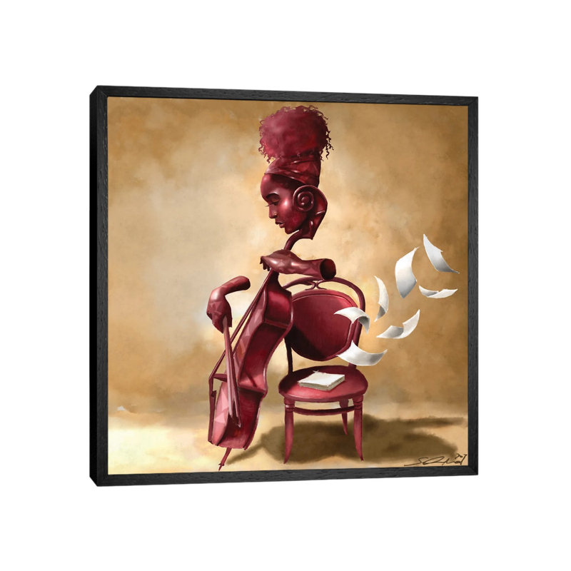 The Solo Cellist by Salaam Muhammad - Painting on Canvas, 66.04cm H x 66.04cm W x 3.81cm D, Black Floater Framed